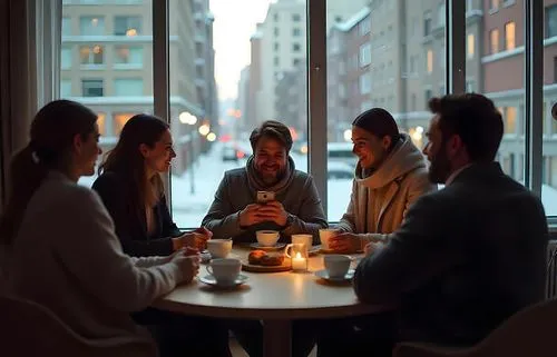 Investors discussing alternative investments over coffee